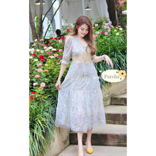 Lalisa999ราคาถูกที่สุด!! PATCHA Maxi dress สไตล์เจ้าหญิง ชุดสีครีมผ้าชีฟอง