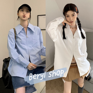 Beryl🌻เสื้อแฟชั่นผญ🍒แขนยาวเสื้อเชิ้ตสีขาว ซิปออกแบบสไตล์ฝรั่งเศสเสื้อเชิ้ตสีขาว