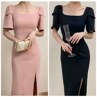 พร้อมส่ง เดรสยาวสีดำ ผ้าสูทอย่างดีมีซับในถึงชายกระโปรงแขนสองชั้น