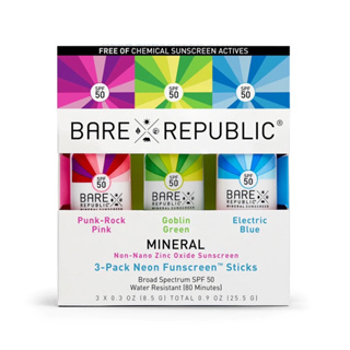 🌟พร้อมส่ง🌟 ครีมกันแดดชนิดแท่งสำหรับผิวหน้าและผิวกาย BARE REPUBLIC Neon FUNSCREEN Mineral SPF 50 Sunscreen Stick (3-Pack)