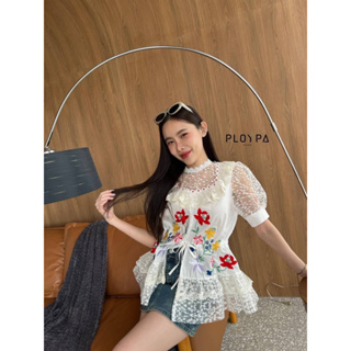 เสื้อสีเเขนตุ๊กตาสีขาว ผ้าโปร่งลายเดซี่ 🕊️🌷LACE MINI DRESS🕊️🌻ป้าย ploypa