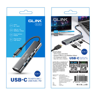 💖อะแดปเตอร์สายแปลง Output (4K/30Hz) USB 2.0 /3.0 (480Mbps-5Gbps) GLINK GL-043 TYPE-C 5 in 1 USBx3+PD+HDTV HDTV💚