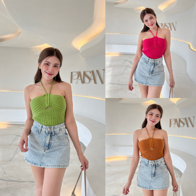 🌈SpinnyHouse🌈 เสื้อสายเดี่ยว คล้องคอ ผ้าไหมพรมร่อง ยืดเยอะม้าก รุ่น ปลากระเบน B-011-4-B