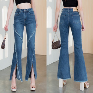 Up premium jeans (S-2XL) กางเกงยีนส์เอวสูงผ้ายืดทรงขาม้าขาดรุ่ยผ่าปลาย P150# jeansdede