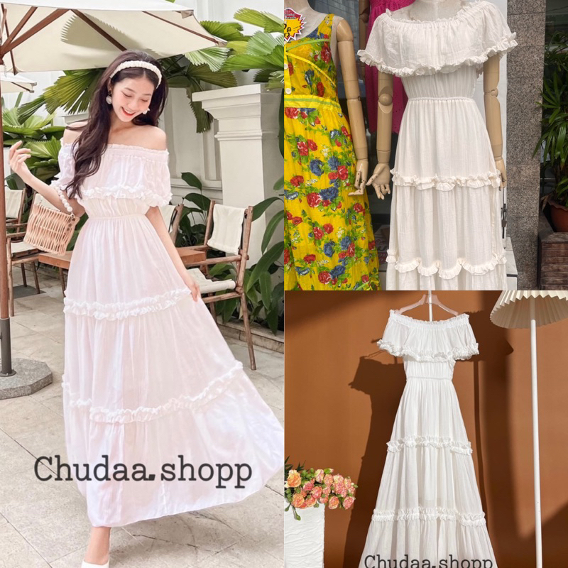 [พร้อมส่ง]แม็กซี่เดรสสีขาว แม็กซี่เดรสยาว แม็กซี่เดรสปาดไหล่ ชุดออกงาน ชุดไปทะเลสวย