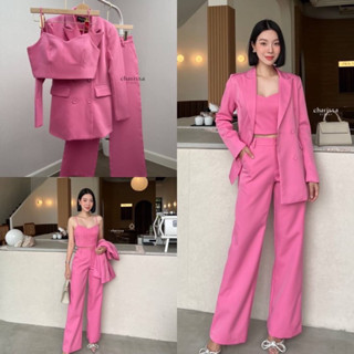 Code : M9 Charissa #40060 Set เซตสูท เสื้อสูทแขนยาว สายเดี่ยว กางเกงขายาว สีชมพู สำหรับผู้หญิง สาวอวบ ไซส์ S-2XL