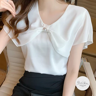 C08 🎀 อกใหญ่สุด 60 นิ้ว ! เสื้อทำงานสาวอวบปกระบายทรงโบว์ ตรงกลางประดับด้วยไข่มุกขอบทอง ✨ เรียบๆ สวยหรูดูแพงมากกกก