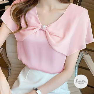 C08 🎀 อกใหญ่สุด 60 นิ้ว ! เสื้อทำงานสาวอวบปกระบายทรงโบว์ ตรงกลางประดับด้วยไข่มุกขอบทอง ✨ เรียบๆ สวยหรูดูแพงมากกกก