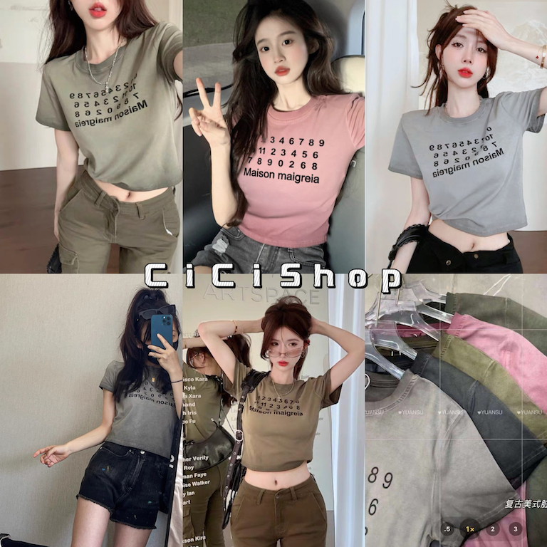 Cicishop(SALE/สุ่มสี T6603)เสื้อ (Crop top) แขนสั้น คอกลมสกีนลาย ทรงสลิมฟิต ผ้านุ่มนิ่มสุดๆ