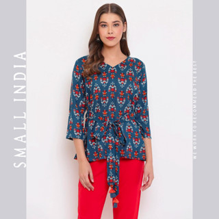 {**ส่งฟรี**} SMALL INDIA 🌸 Navy Blue Floral Tunic เสื้อท็อป 🌸 Kurti Top Only