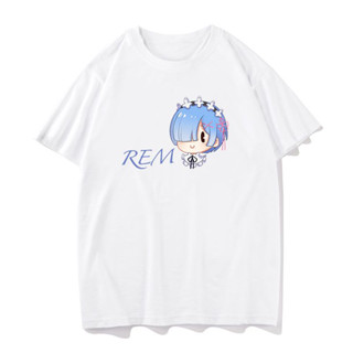 Re:Zero Infinite อะนิเมะแขนสั้น Rem พิมพ์ผ้าฝ้ายพิมพ์น่ารักอินเทรนด์เสื้อยืดสีดำและสีขาว