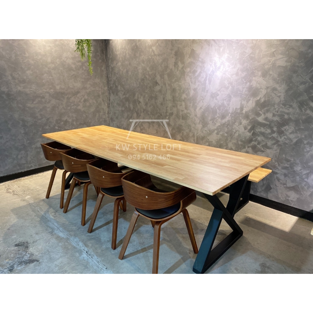โต๊ะประชุมไม้จริงขาเหล็กสไตล์ Loft ขนาด 80x240x75 ซม. โต๊ะไม้ยางแท้!! เคลือบผิวอย่างดีแข็งแรงทนทานมา