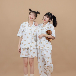 🧸 teddy bear croffle pajamas ชุดนอนผ้าย่น ไม่มีวันยับ ลายหมี 💞