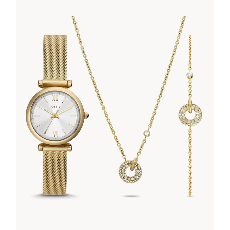 [[พร้อมส่ง📦แท้💯%]] fossil ES5251SET  Carlie Three-Hand Gold-Tone Stainless Steel Mesh Watch and Jewelry