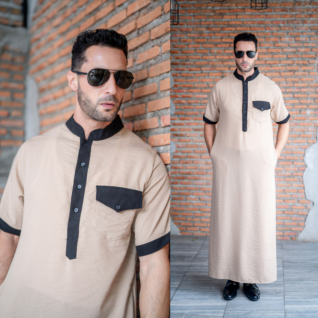 โต๊ปแขนสั้น แถบูโทน (คละแถบกุ๊น)มีขาวและดำ ผ้าสลาฟ นิยม ใส่ละหมาดออกงานอิสลาม AE34วาริสมุสลิม EP1.