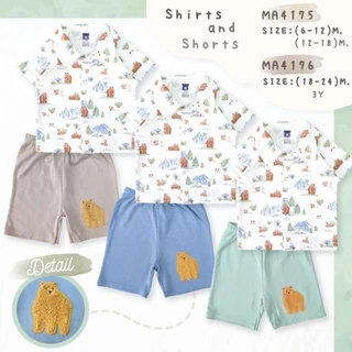 𝗠𝗮𝗺𝗶 𝗯𝗮𝗯𝘆 เสื้อเชิ้ต พิมพ์ลาย + กางเกงขาสั้น 3เดือน-3ขวบ