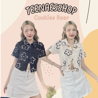 เสื้อเชิ้ตแขนสั้นซิปรูดหน้า Cookies bear🏷️ ผ้าดอบบี้ ลายดอกไม้