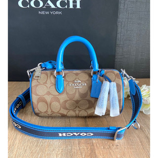 (ผ่อน0%) กระเป๋าสะพายข้าง COACH CB874 Lacey Crossbody หมอน สายสปอร์ตสีน้ำเงิน ลายซีสีน้ำตาล 7 นิ้ว