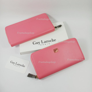 Guy Laroche กระเป๋าสตางค์ผู้หญิงใบยาว ซิปรอบ สีชมพู หนังเรียบ ผิวด้าน อะไหล่สีทอง หนังแท้ 100%