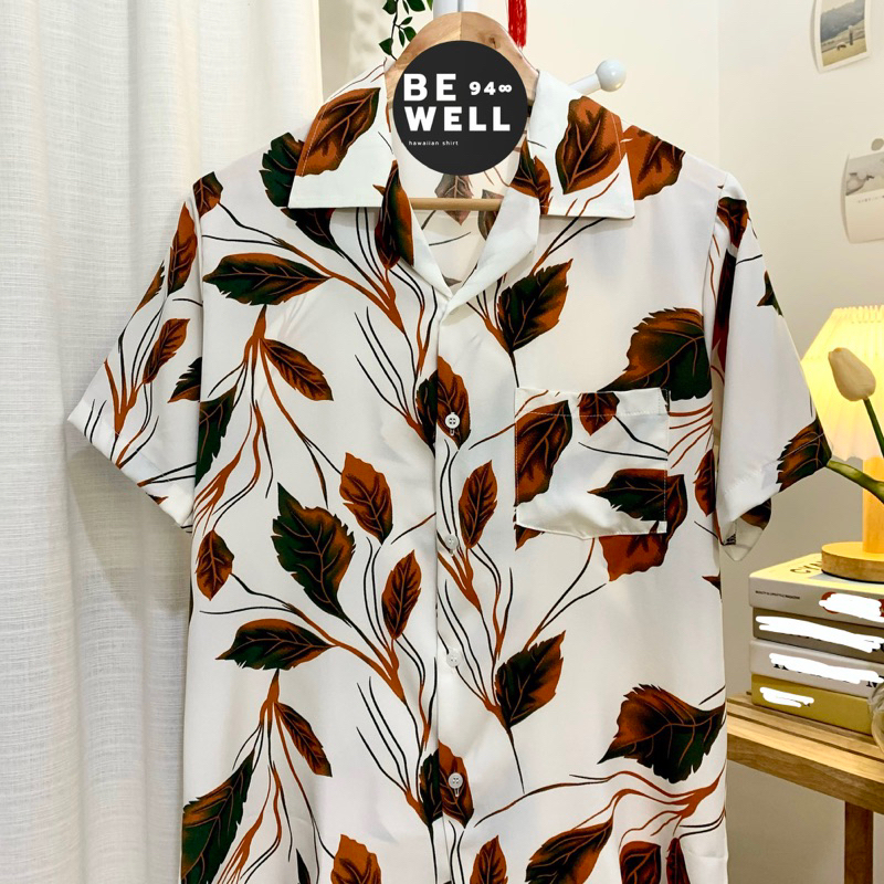 BEWELL94 เสื้อฮาวาย (ใบไม้แห้ง) ผ้าไหมอิตาลี