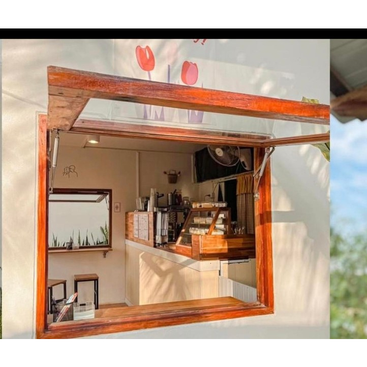 ชุดบานกระทุ้งไม้มินิมอล ร้านกาแฟ ตกแต่งบ้าน (วัดริมนอก) ติดอุปกรณ์ครบ ไม่รวมกระจก เลือก 60/80 องศา