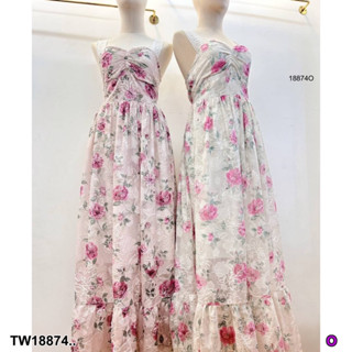 J18874 เดรสยาว สายไหล่ลูกไม้ ลายดอกไม้ Long dress, single strap, lace, floral pattern