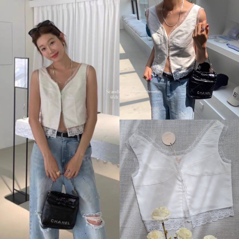 New!! V Lace top🤍(390฿ฟรีส่ง) เสื้อแขนกุดเข้ารูป คอวี ผ้าฝ้ายผสมลินิน แต่งลูกไม้ ด้านหน้าเป็นตะขอ ทร