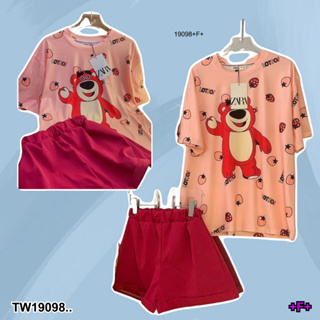 TwinsShopVip💗พร้อมส่ง TW19098 Set 2 ชิ้น เสื้อคอกลมแขนสั้น + กางเกงขาสั้น ..