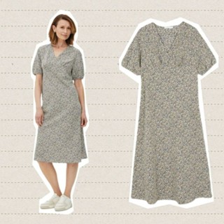 Short-Sleeve V-Neck Midi Dress เดรสคอวี แขนตุ๊กตา แบบสวม ผ้า polyester ไม่ยืดนะคะ พิมพ์ลายทั้งตัว ผ้าดีไม่ร้อนค่ะ