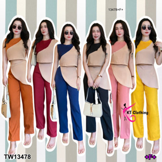 TwinsShopVip💗พร้อมส่ง TW13478 Set เสื้อครอปแขนกุด+กางเกงขายาว ตัดต่อสีทูโทน Set: sleeveless top + pants two to