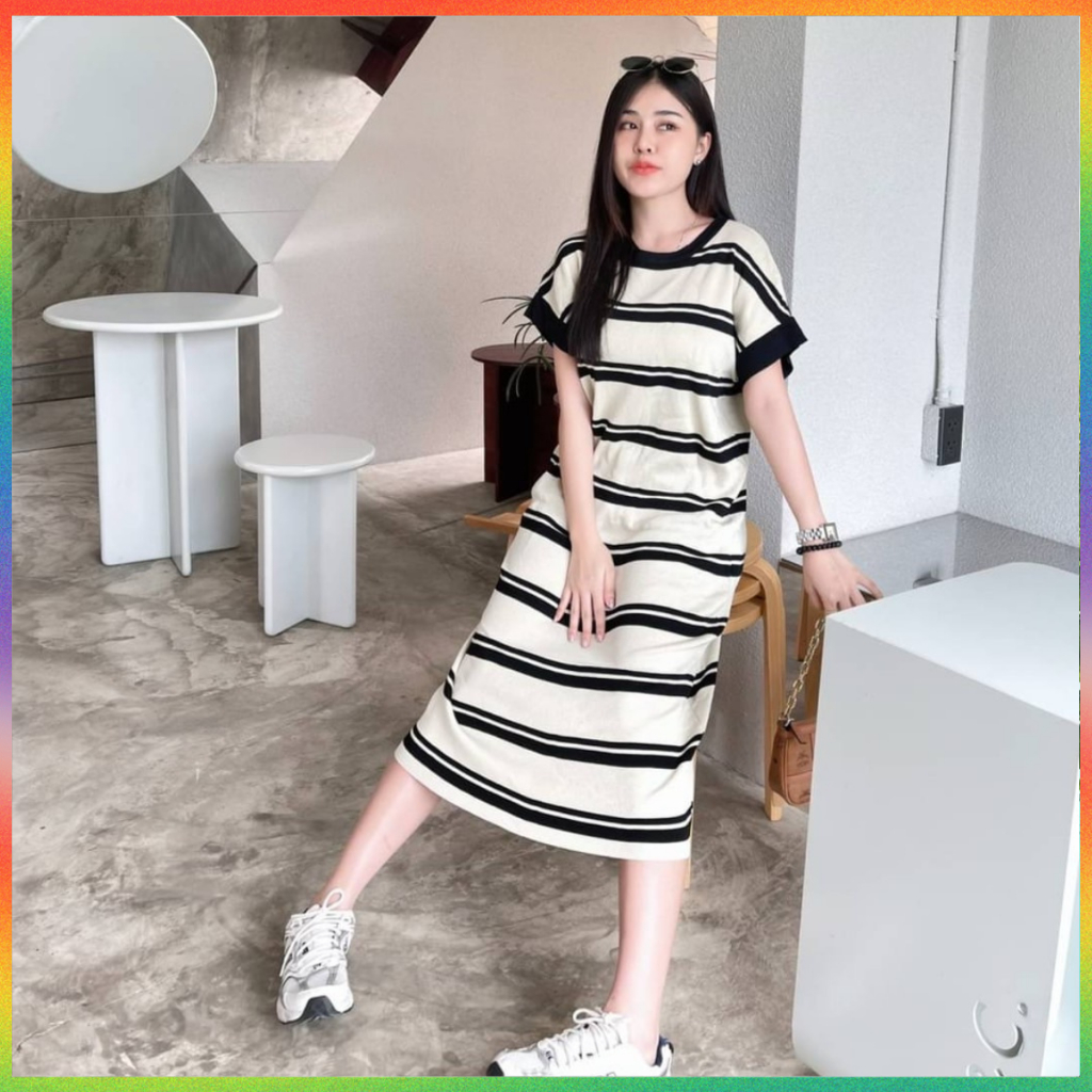 MesubShop เดรสไหมพรม ทรงถ่วงยาว ผ้าทอสลับสี ผ้ายืดตามตัว สาวอวบใส่ได้แน่นอนค่า สาวพลัสไซส์ใส่ได้ รุ่น ตู้น้ำ
