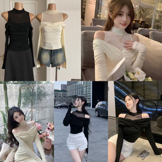 Off shoulder top (390฿ฟรีส่ง) เสื้อคอปีนเว้าไหล่ แขนยาว งานผ้า 2 ชิ้น เย็บช่วงบนซีทรูอย่างดี ทรงเข้ารูปสวย wg.we