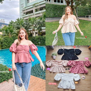 เสื้อเกาะอกแขนบอลลูนน่ารัก ช่วงอกจับจีบด้านหน้าหวานมาก plussize สาวอวบ