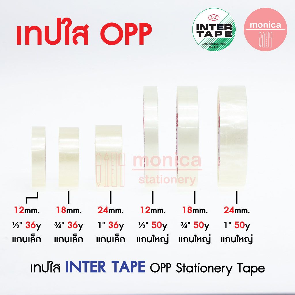 (1ม้วน) เทปใสOPP อินเตอร์เทป INTER TAPE 12 18 24mm (1/2" 3/4" 1") แกนเล็ก แกนใหญ่ สก๊อตเทป กาวเหนียว
