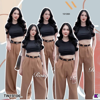 👗Pfashion [ส่งไวมาก🚛] P19106 Set 2 ชิ้น เสื้อครอป + กางเกงขายาว แต่งเข็มขัด ..