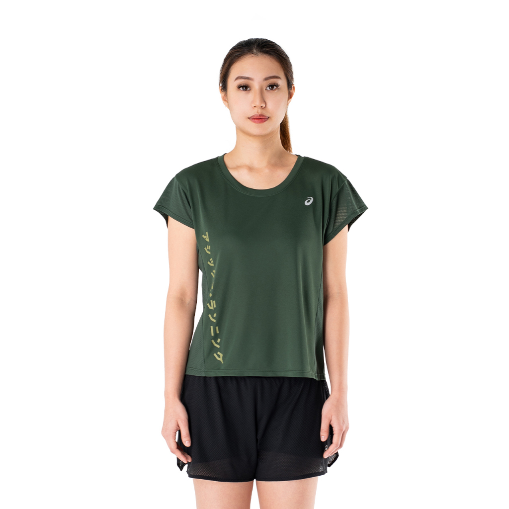 ASICS : 2012C930.301 KATAKANA SS TOP WOMEN RUNNING ผู้หญิง เสื้อคอกลม ของแท้  RAIN FOREST