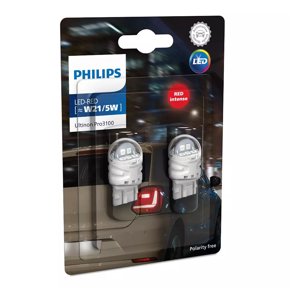 Philips Ultinon Pro3000 LED หลอดไฟจอดและไฟท้าย W21/5 Red T20 11066 ULR 11066 U30R (2 หลอด)