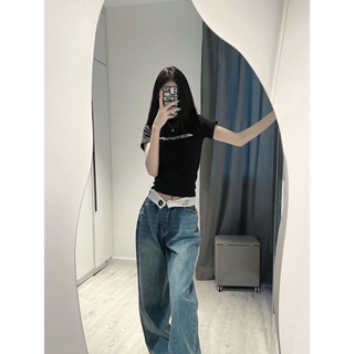 Sugar❤️พร้อมส่ง❤️กางเกงยีนส์ขายาว ทรงกระบอก ใส่ได้2สไตล์ พับเอวติดกระดุม(0598)