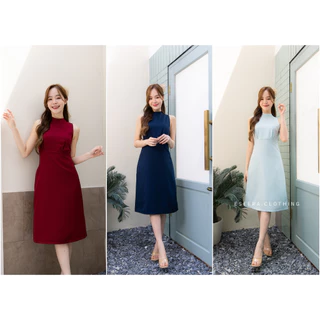 DR077-2 Beige Herri Dressเดรสคอจีนแต่งโบว์หลัง
