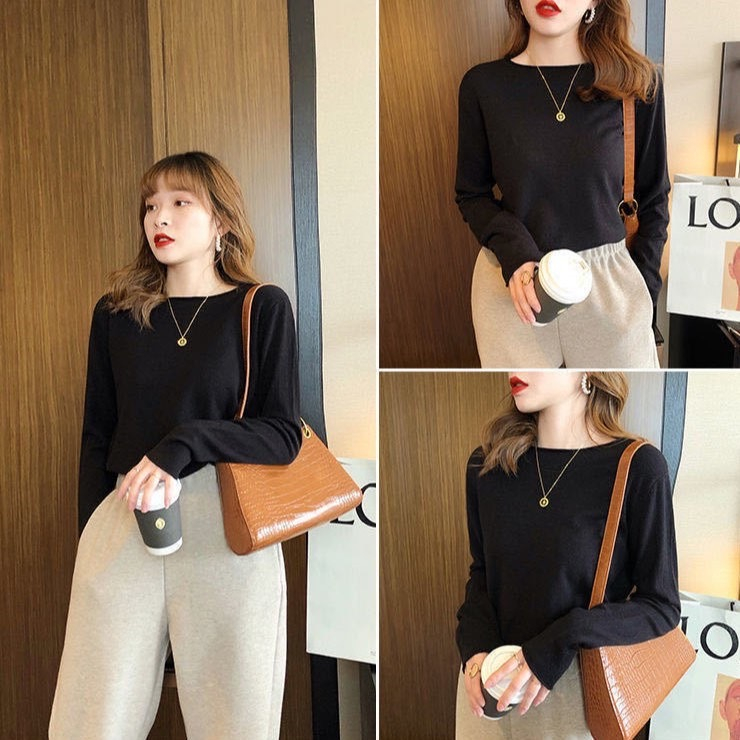 เสื้อแขนยาว คอกลม ผ้าถัก เข้ากับทุกการแต่งกาย สไตล์เรียบง่าย #M24