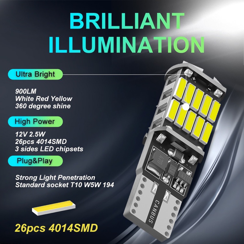 หลอดไฟ T10 LED W5W LED 194 168 W5W CANBUS 26SMD LED 4014 2.5W 0.2A ไม่มีขั้วต่อ สําหรับจอดรถยนต์ 1 ช