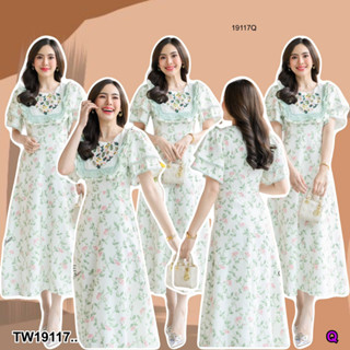 TwinsShopVip💗พร้อมส่ง TW19117 Maxi เดรสยาวพิมลาย ปักลายช่วงอก ..