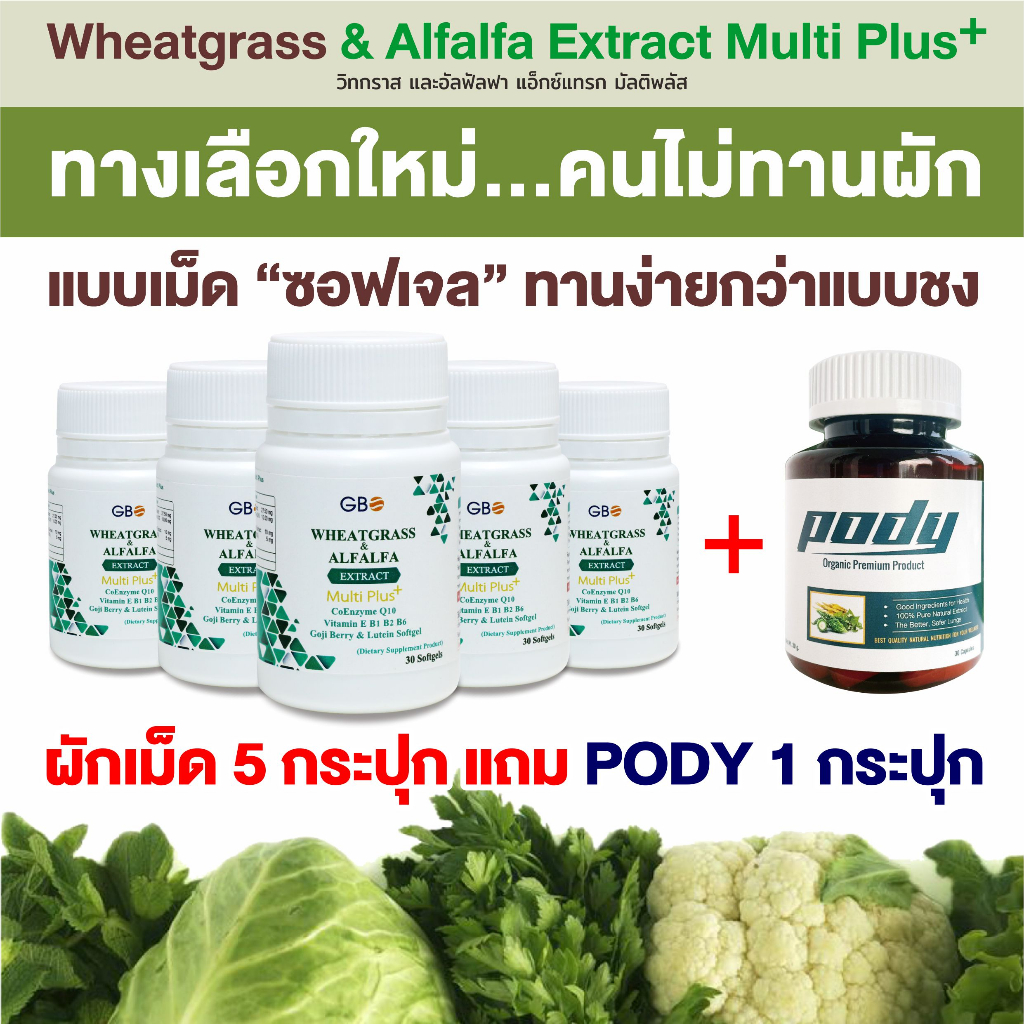โปร 5 กระปุก 150 เม็ด แถมฟรี PODY 1 กระปุก ผักเม็ด Wheatgrass & Alfalfa Extract Multi Plus+ Q10