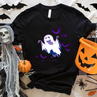 Halloween เครื่องแต่งกายเสื้อยืดวันหยุด ผ้าฝ้ายแท้ แขนสั้น ผีและรอยยิ้มน่ากลัวที่ลอยอยู่ในตอนกลางคืน พิมพ์กราฟิก วันหยุ