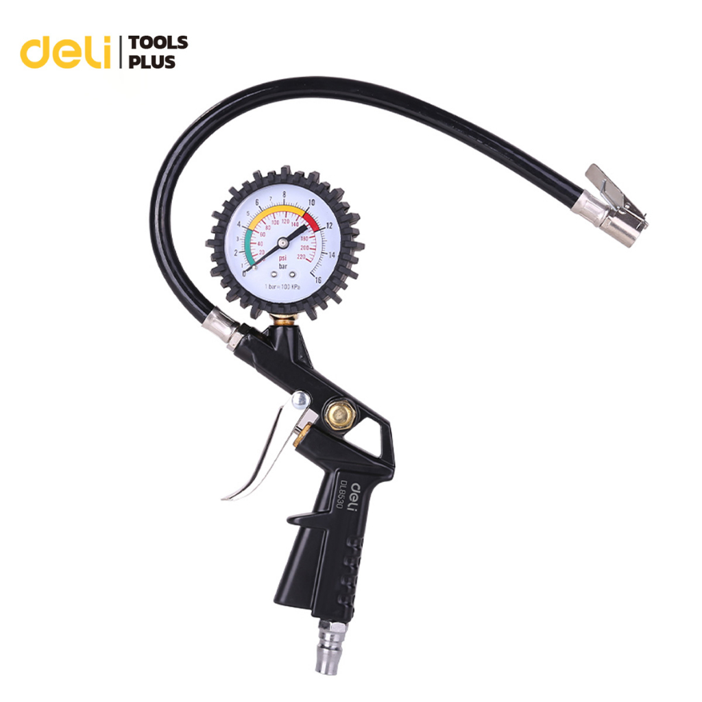 Deli ที่วัดลมยางรถ เกจวัดลมยาง 220ปอนด์ หน้าปัดกลม พร้อมเกจวัด เติมลม มอเตอร์ไซต์ จักรยาน รถยนต์ Tire Gauge