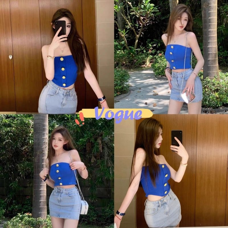 Vogue พร้อมส่ง เสื้อเกาะอกไหมพรม ดีเทลติดกระดุมทองเก๋ๆ (M5808-1) -C