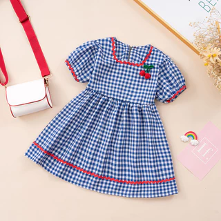 Babyonline(Y239)I5-6 (ส่งด่วน1วัน)ชุดเดรสแขนพองลายสก็อตสำหรับเด็กผู้หญิง ผ้าฝ้าย นิ่ม
