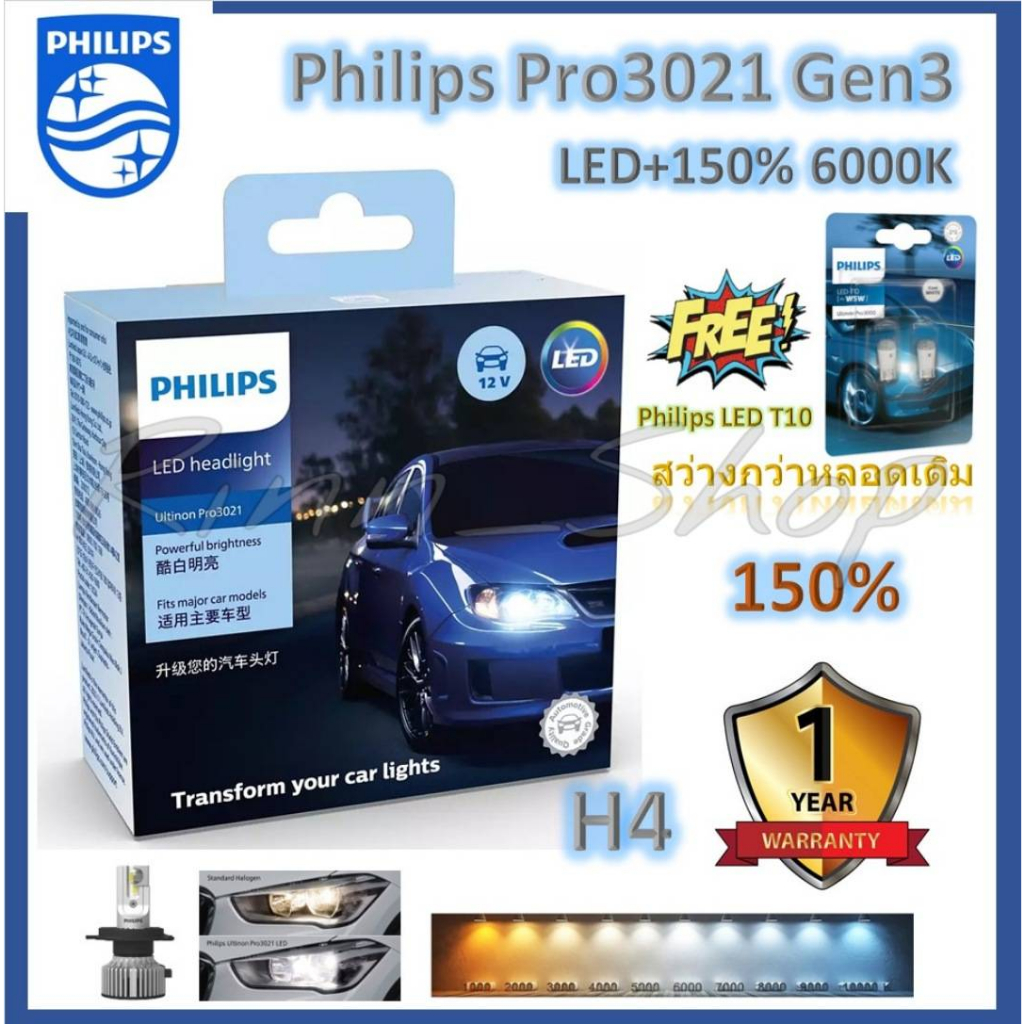 Philips หลอดไฟหน้ารถยนต์ Ultinon Pro3021 LED+150% 6000K H4 (12/24V) 2 หลอด/กล่อง แถม Philips LED T10