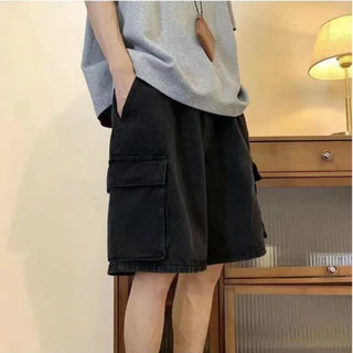 กางเกงยีนส์ขาสั้น cargo เอวยางยืด ผู้ชาย 3 สี