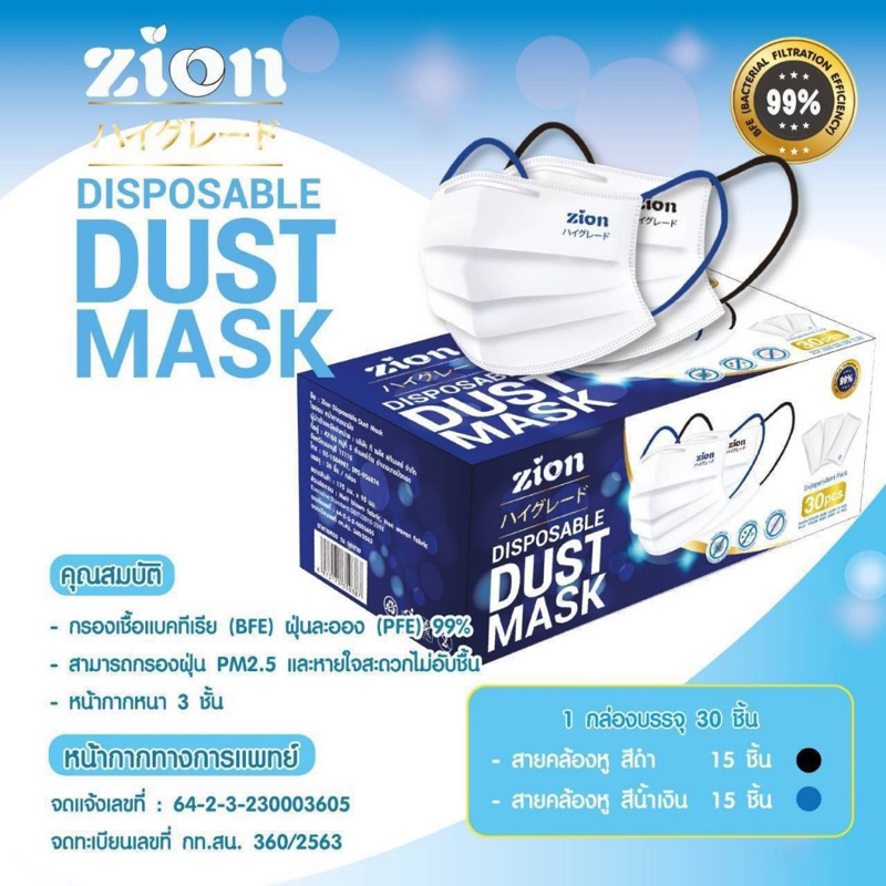 [ 1 กล่อง 30 ชิ้น ]😷 Zion Mask⭐️หน้ากากอนามัย แบบหูสี ดำและน้ำเงิน จำนวน 30 ชิ้น